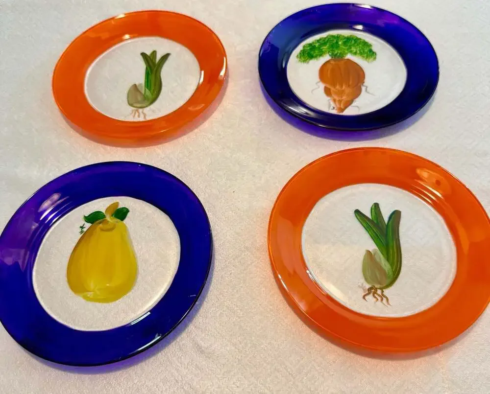 Vintage Hand Painted & Signed Fruit and Vegetable Glass Salad Plates